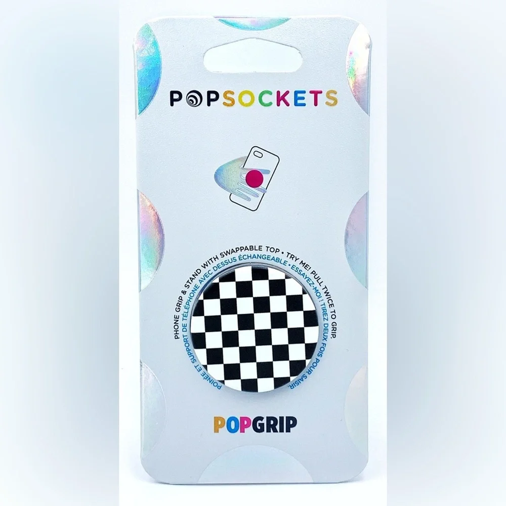 PopSocket PopGrip Phone Holder - Black & White Checkerboard Top NWT